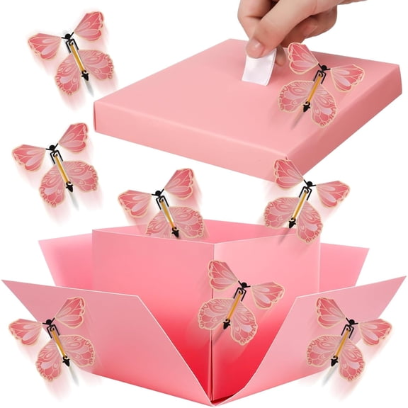 JUMRHFAN 8 Pcs Butterfly Explosion Gift Box, Flying Butterfly Surprise Box, Exploding Birthday Box Toy for Birthday, Wedding, Anniversaries, Christmas (Pink)
