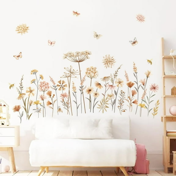JUMRHFAN Wall Sticker Flowers Boho Wall Sticker Wild Flower Dandelion Butterflies Wall Sticker Bedroom Living Room Sofa Background Wall Decoration