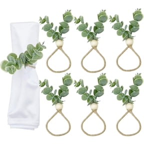 JUMRHFAN Set of 6 Eucalyptus Leaf Napkin Rings, Farmhouse Napkin Rings, Wood Bead Boho Napkin Ring Holder for Party Gathering Banquet Wedding Birthday Dinning Table Decoration