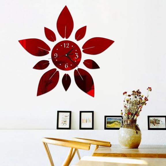 JUMRHFAN Modern Flowers Digital 3D Large Wall Clock Mirror Stickers, Self-Adhesive Acrylic Crystal Mirror Decals, DIY Silent Petal Combo Art Wall Clocks Decoration for Home Apartment Office (Red)