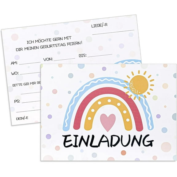 JUMRHFAN Pack of 12 Children's Birthday Invitations Cards with Rainbow Heart Shape Sun Motifs Girls and Boys Birthday Invitations Size: 150 mm x 108 mm Paper Weight: 350 g