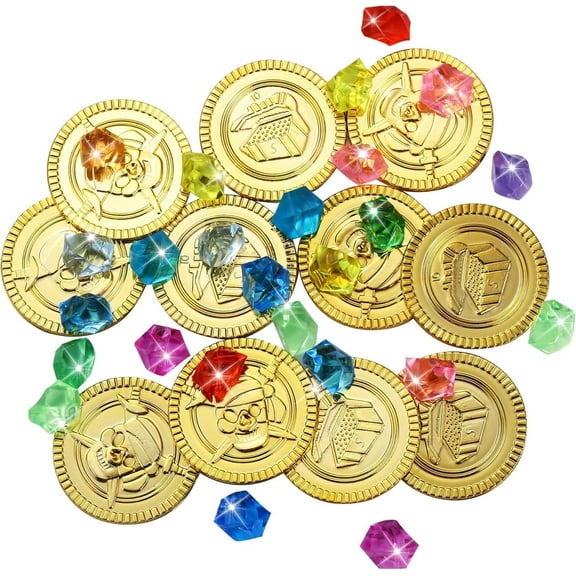 JUMRHFAN Pack of 320 Pirate Treasure, 160 pieces Gemstones for Children, 160 pieces Gold Coins Children, Pirate Theme Decoration Suitable for Children's Birthdays Party and Other