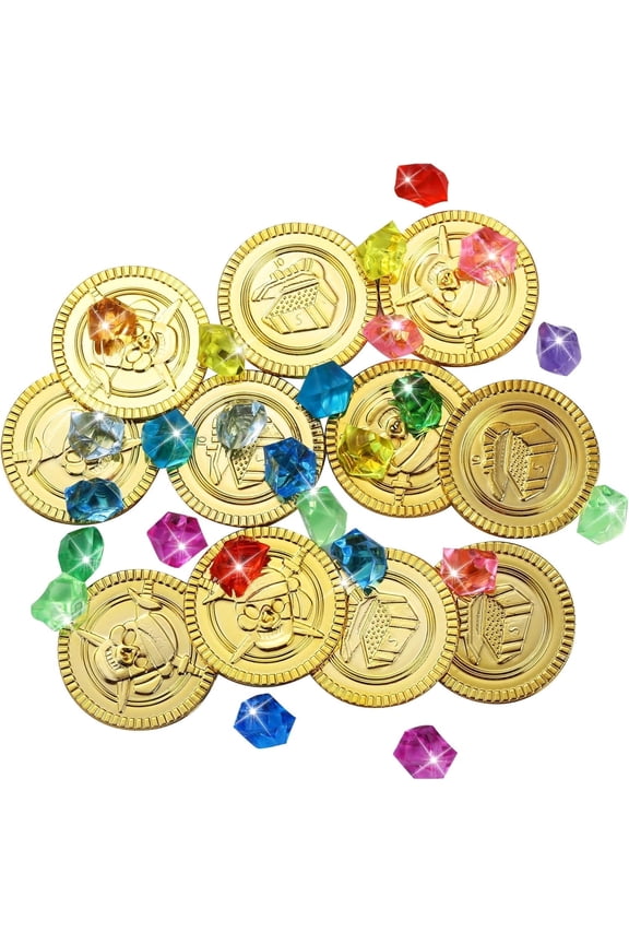 Pack of 320 Pirate Treasure, 160 pieces Gemstones for Children, 160 pieces Gold Coins Children, Pirate Theme Decoration Suitable for Children's Birthdays Party and Other