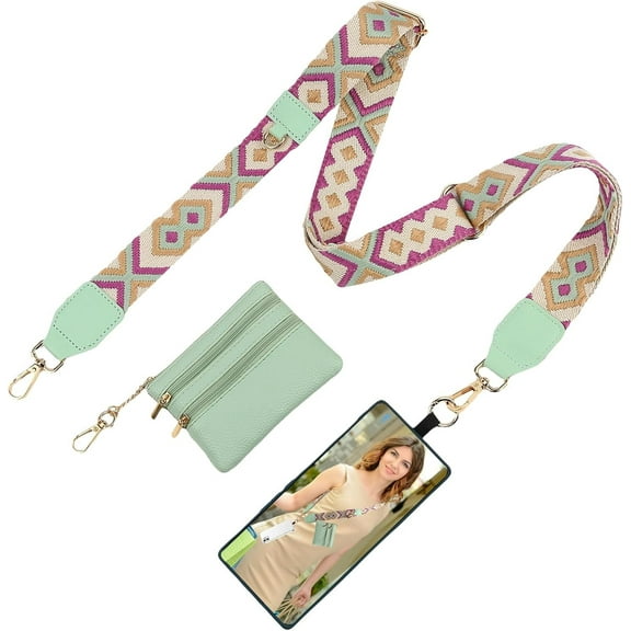 JUMRHFAN Phone Strap with Zipper Pouch- Stylish Adjustable Anti Theft Cellphone Lanyard Wrist Strap with Leather Wallet for All Phones (Purple+Green)