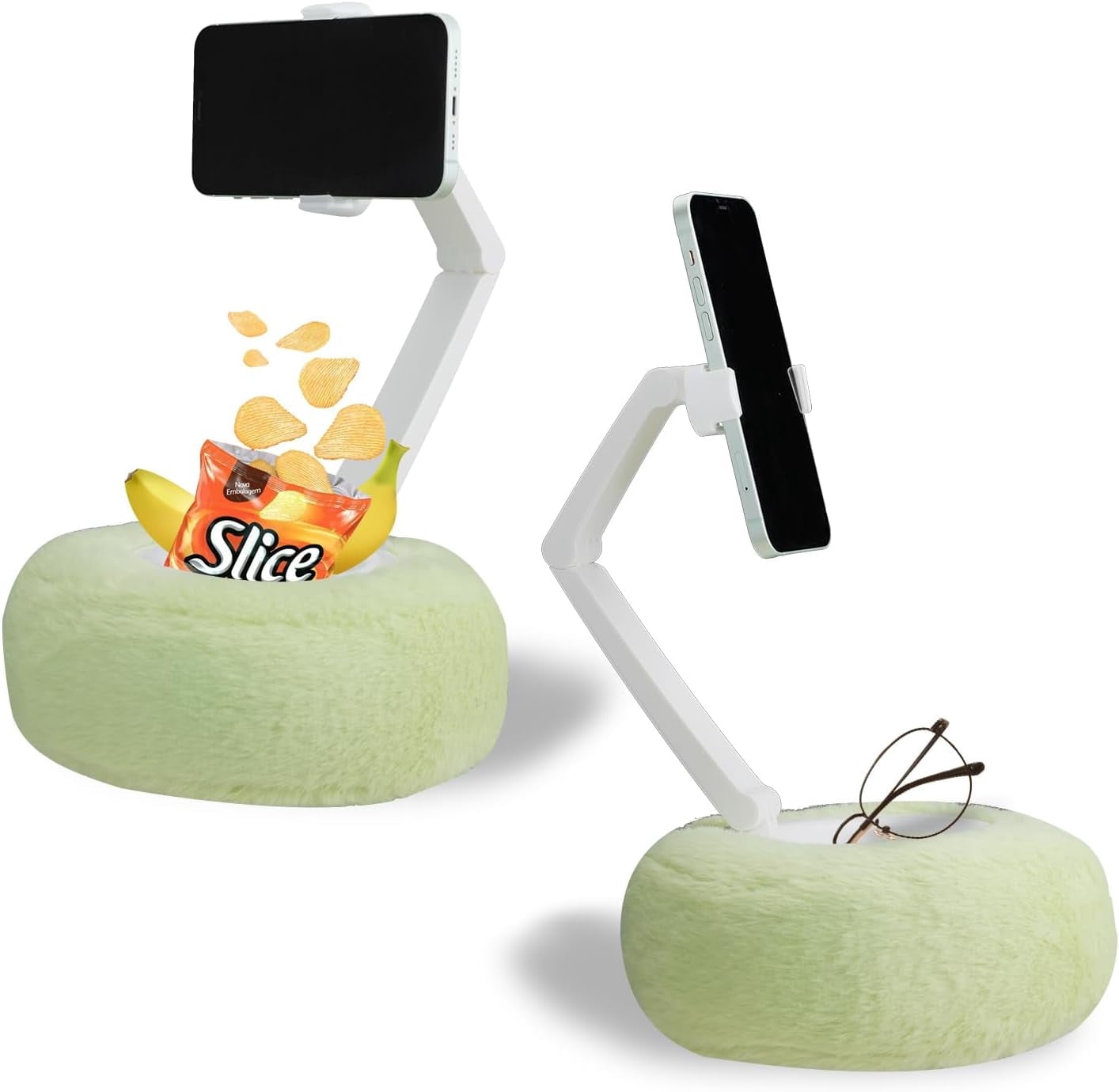 JUMRHFAN Pillow Stand Holder for Reading in Bed, Compatible with 2.3"-3.5" Phone/iPhone, Google, Samsung, Kindle, Portable Adjustable Phone Holder for Bed with Soft Plush Fabric and Snack Bowl, Green