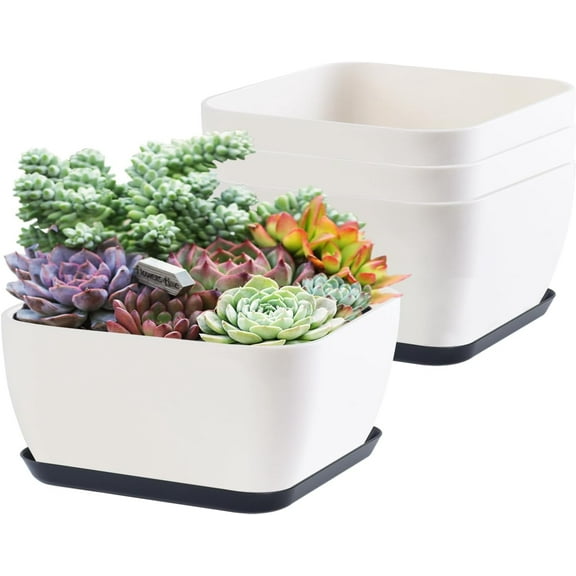 JUMRHFAN Succulent Pots 6 Inch Shallow Herb Planters with Drainage Hole - 4 Packs Cactus Planter for Home Office Garden Plants Pot Present - Plants Not Included (Off White)