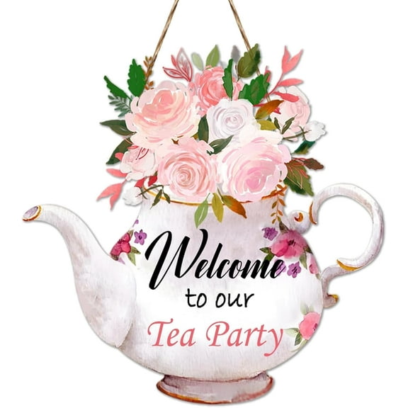 JUMRHFAN Tea Party Decorations Door Sign, Colorful Teapot-Shaped Tea Party Decor Hanging Door, Floral Themed Welcome Plaque for Party, Tea Party Decors for Women Home Front Door