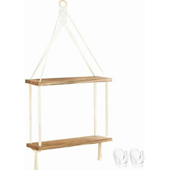 JUMRHFAN Wall Hanging Shelves Boho Room Decor, 2 Tier Handmade Cotton Rope Rustic Wood Corner Floating Shelves with 2 Hooks, Decorative Hanging Storage Shelf for Living Room, Bathroom, Bedroom
