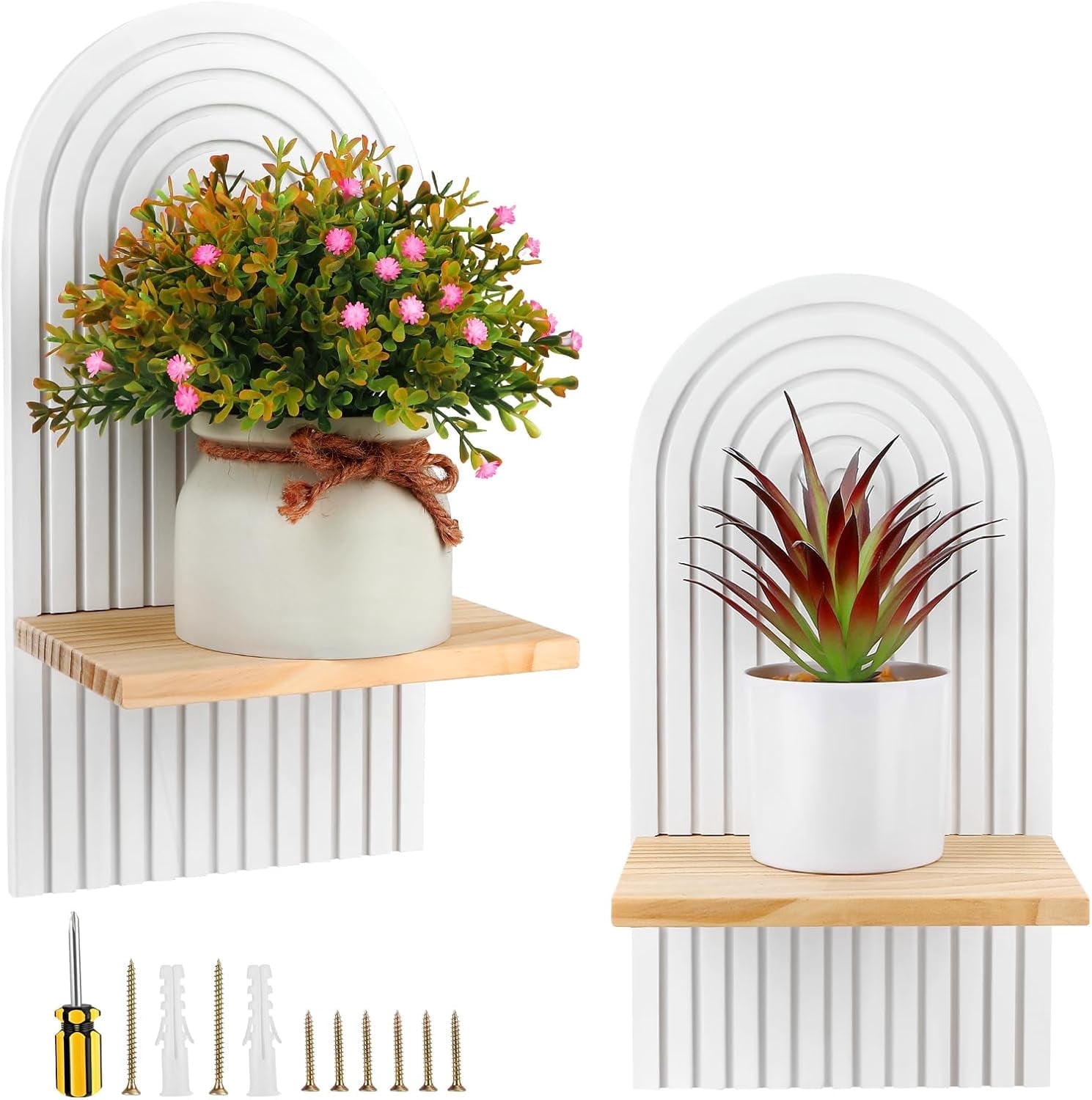 JUMRHFAN Wall Shelf White Boho Wall Decoration Wooden Shelf Wall Floating Shelves Bookshelf Wall Modern Wall Shelf Decoration Living Room Bedroom Office Plant Rack Flower Pot Wooden Rack