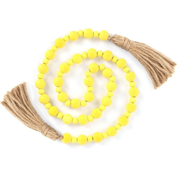 JUMRHFAN Wood Bead Garland with Tassels, Farmhouse Rustic Decor Prayer Beads Boho Tassel Garland Decorative Beads for Home Decor (Yellow)