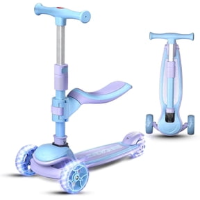 JUNLING Kids Kick Scooter Ages 3-14, Toddler Scooter 3 Wheel with LED Lighted and Seat, Adjustable Height, Suitable for Boys and Girls, Purple