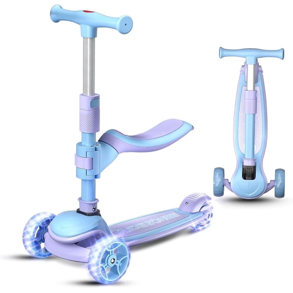 JUN LING 2-in-1 Kids Kick Scooter with Seat, 3 LED Light Up Wheels Adjustable Height Age for 3-14 Years Boys Girls Toddlers
