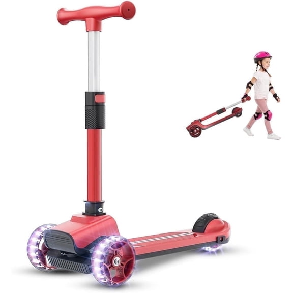 JUNLING Kick Scooter for Kids, Toddler Scooter with 3 Light Up Wheels and Adjustable Height for Children 3-14 Years Old Girls and Boys, Red
