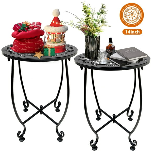 JUNBEI Minimalist Outdoor Round Side Tables, Foldable wrought iron flower stand - suitable for indoor and outdoor use, creating a delicate green plant display platform，14" Black (Set of 2)