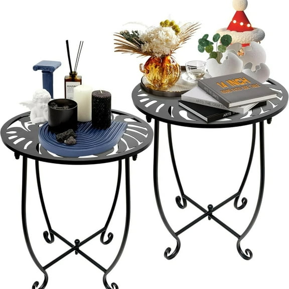 JUNBEI Outdoor Side Table for Small Spaces, 2 Pack 14 Inch Round Metal End Table for Patio Balcony Yard Porch, Anti-Rust Waterproof Accent Table for Indoor Outdoor Use, Easy Assembly