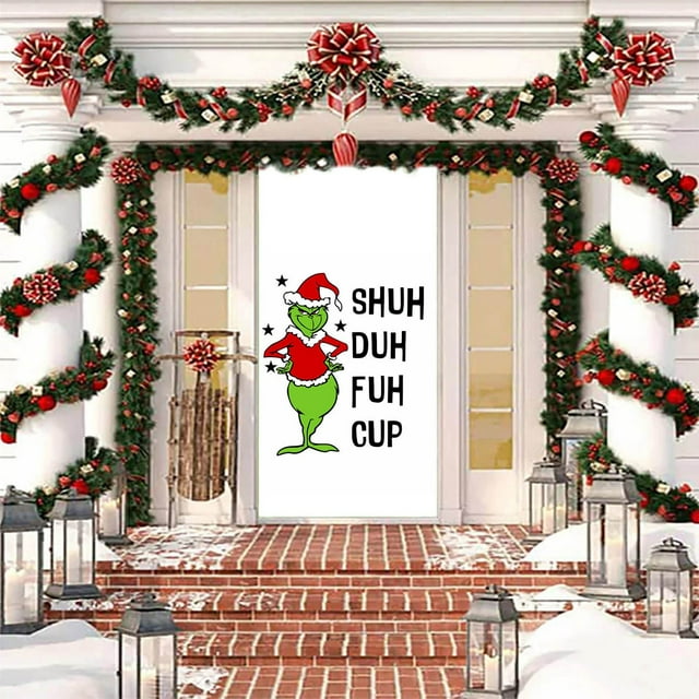 JUNBYONE Grinch Christmas Decorations Door Cover Christmas Green Elf Decoration Winter Holiday Party Backdrop Door Hanging Banner 35X71In Christmas Decorations