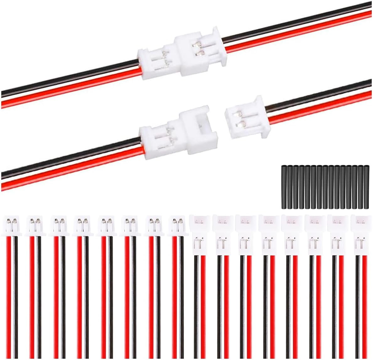 10 Pairs JST 1.25mm 2-Pin Connectors With 26AWG Wire & Heat Shrink - 100mm Length