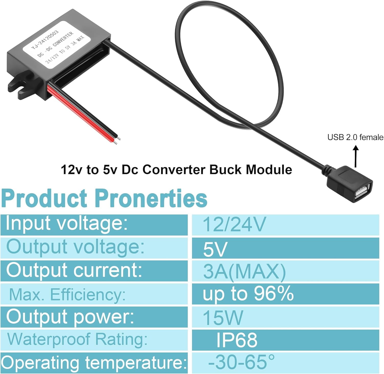 JUNCHI-12V to 5V Step-Down Power Converter, USB Female Interface 3A 15W ...