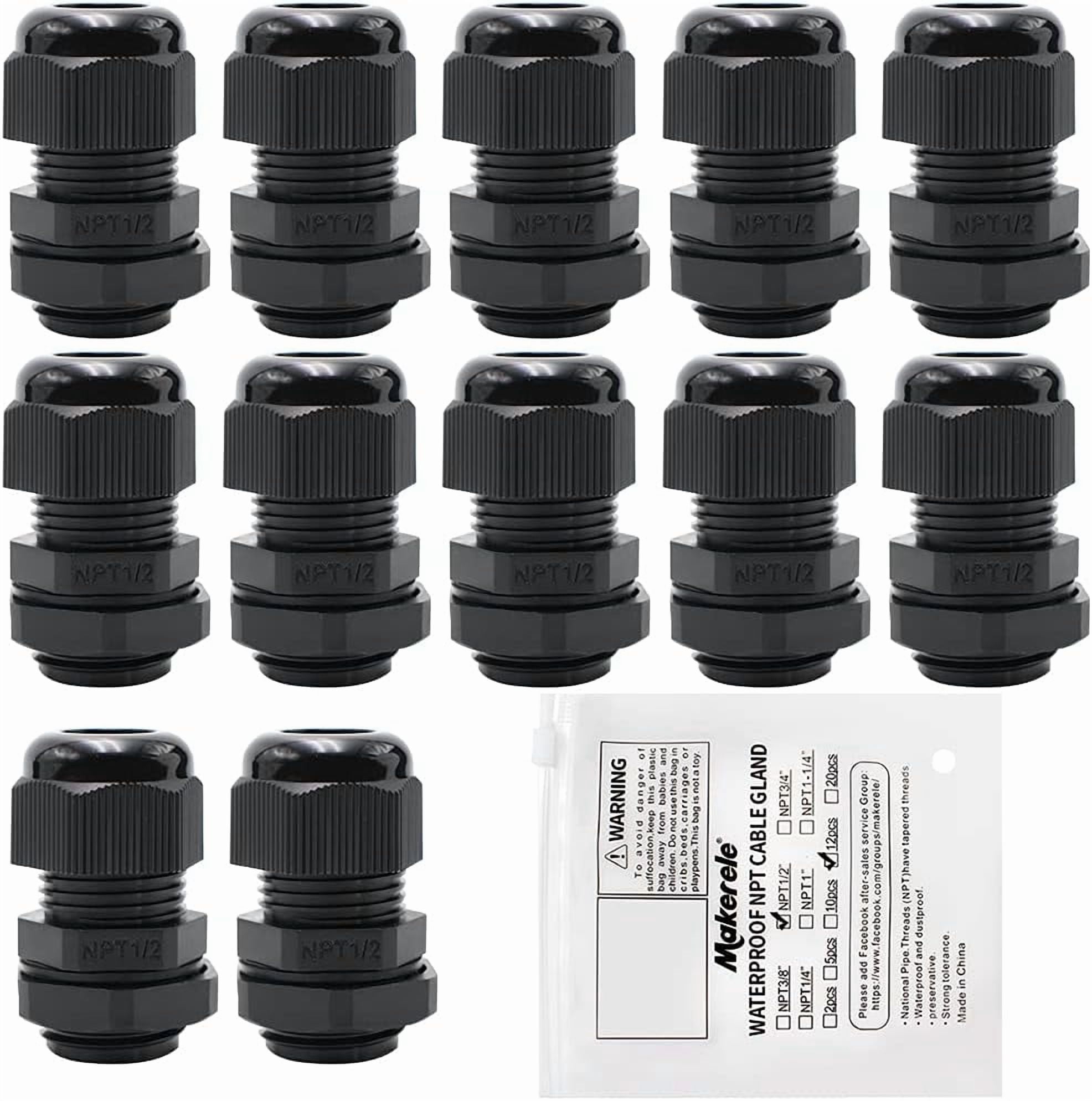 JUNCHI-12pcs 1/2" NPT Cable Gland Waterproof IP68 Nylon Plastic 6-12mm ...