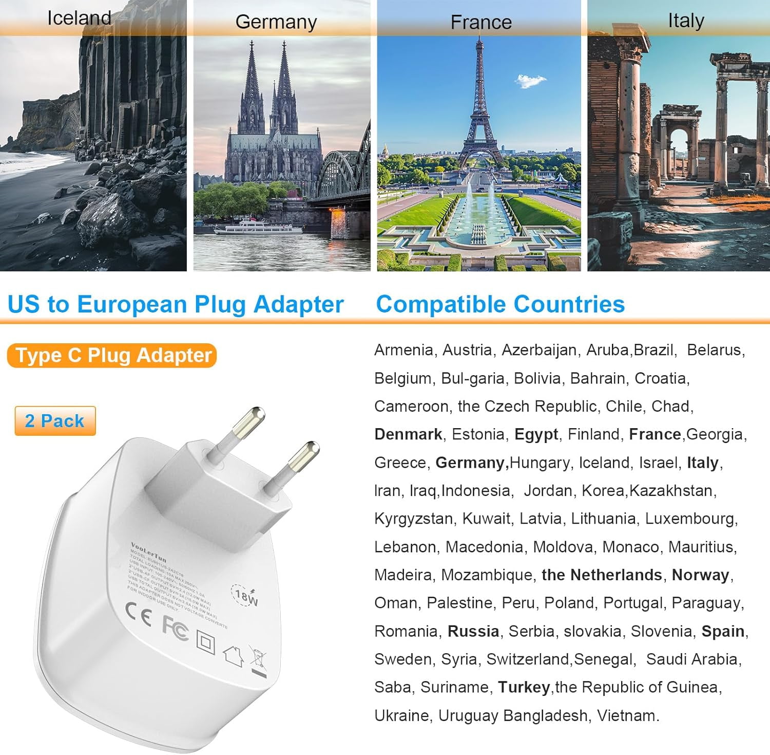 JUNCHI-2 Packs Type C European Plug Adapter, Denmark Germany Brazil ...