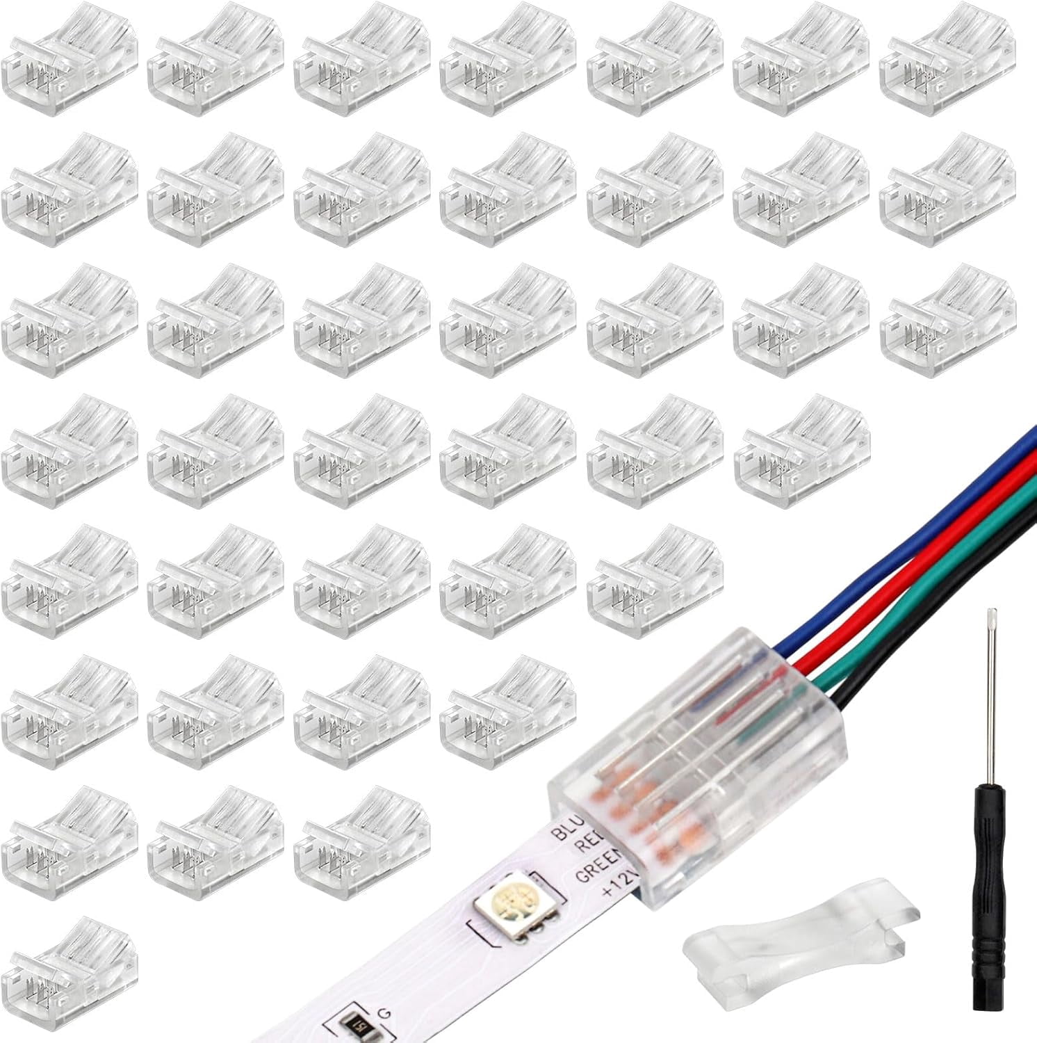 JUNCHI-40 Pack RGB LED Light Strip Connectors, 4-Pin 10mm Solderless ...