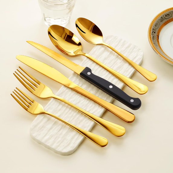 Silverware Table Kit JUNCHI-48-Pack Gold Silverware Set with Steak Knives, Stainless Steel ...