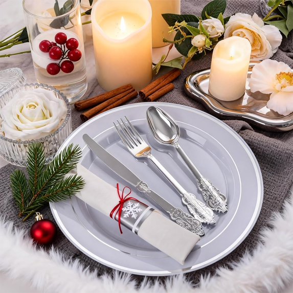 Silverware Pack JUNCHI-50 Pack Silver Plastic Silverware,Christmas Utensils, Wrapped ...