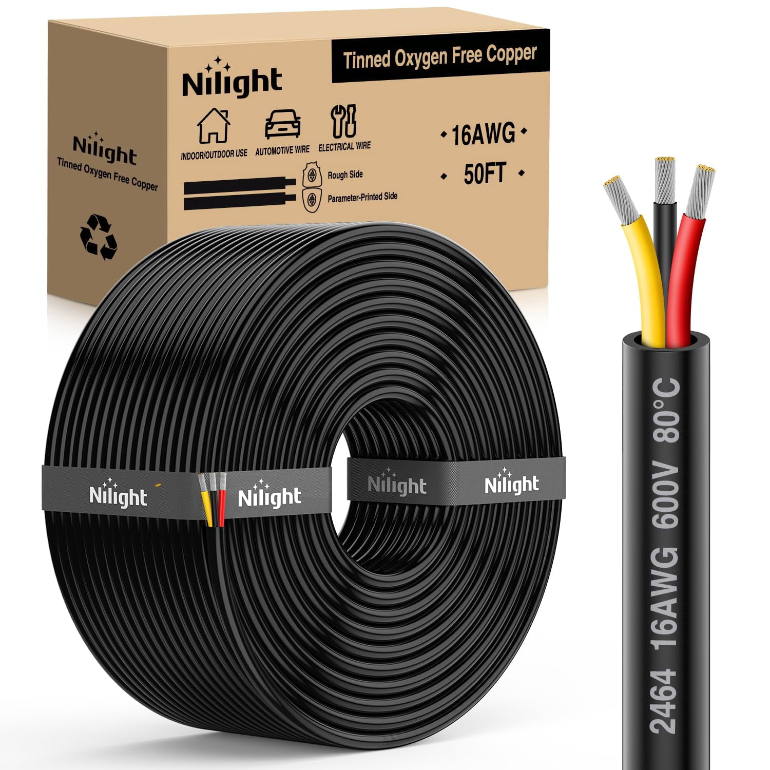 16 Gauge 3 Conductor Electrical Wire – 50FT Low Voltage Landscape Cable, PVC Insulated, Tinned Copper Strands