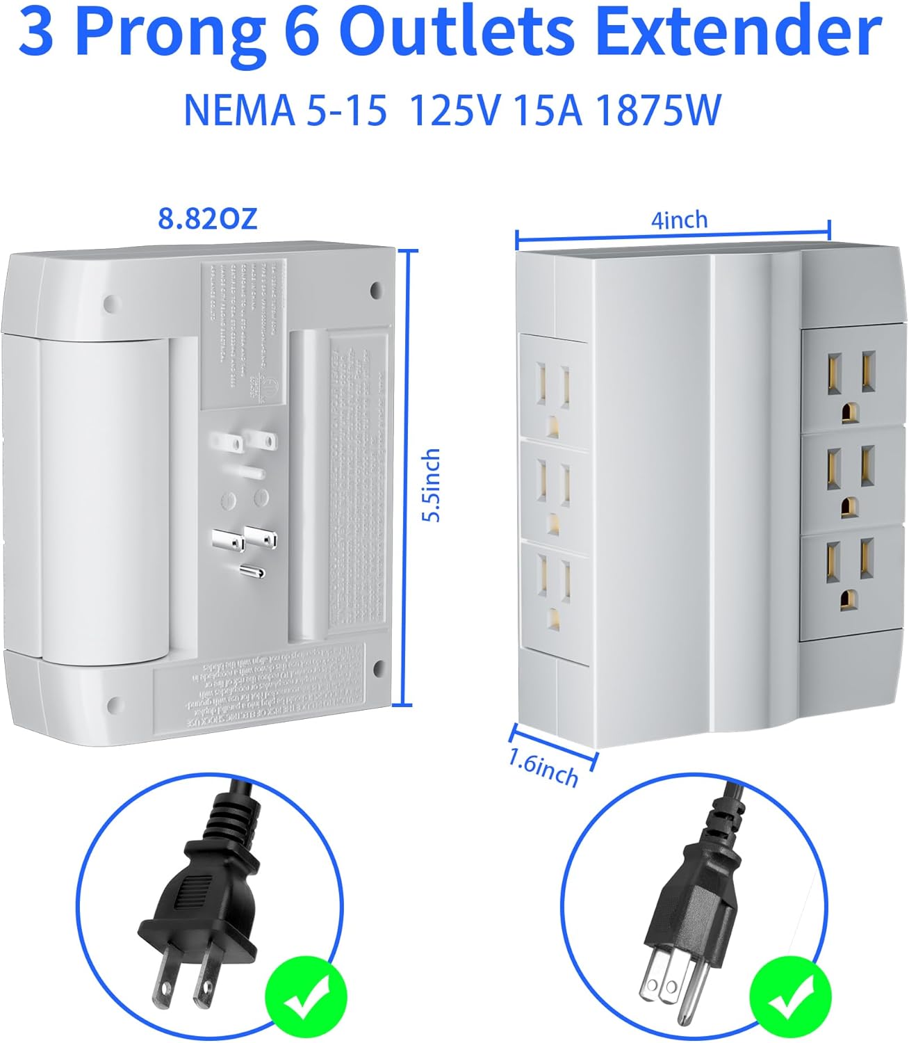 Snug Adapter JUNCHI-6 Outlet Extender, Side Access Swivel Power Splitter, 3 ...