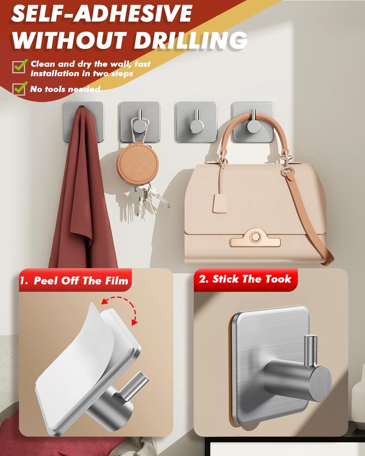 Auxmir 5-Pack Adhesive Wall Hooks – Heavy Duty 30lb (14kg) Capacity, Stainless Steel, Waterproof & Rustproof For Bathroom, Kitchen, Office