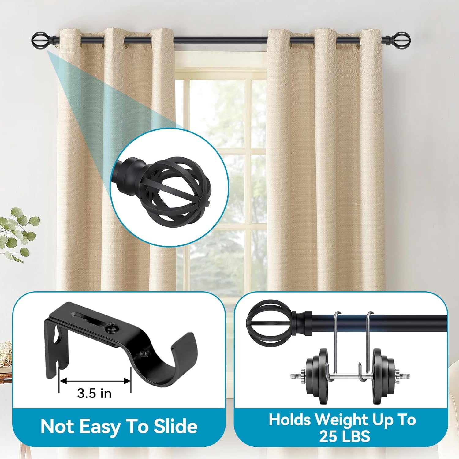 Small Drapery Rods JUNCHI-Black Curtain Rods for Windows 28 to 48 Inch, 5/8