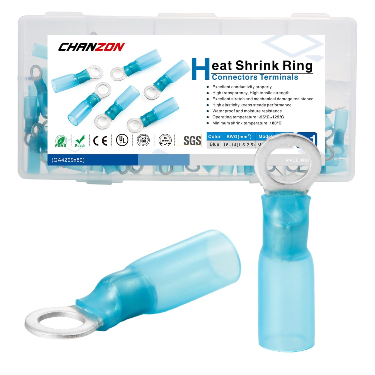 Chanzon Heat Shrink Ring Terminal Kit - Waterproof, Marine Grade, 10-12 AWG, 60pcs (M6, M8, M10, #10)