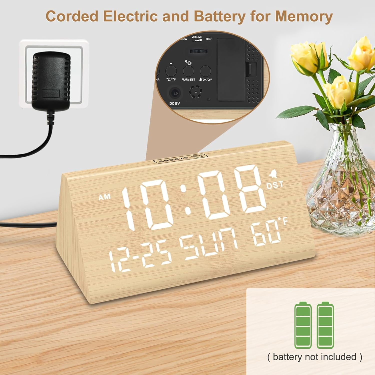 JUNCHI-Digital Alarm Clocks for Bedrooms - Wooden Desk Clock with Date ...
