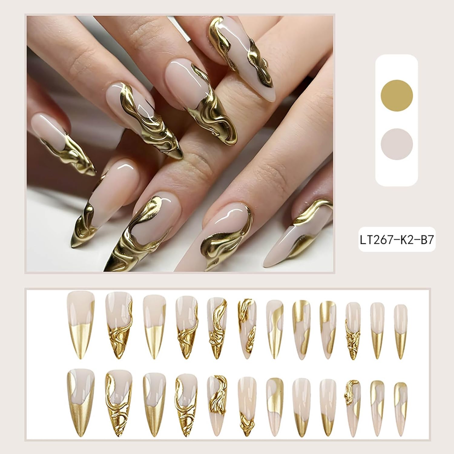 JUNCHI-Long Stiletto Press on Nails Light Taupe Color, 3D Gold Coat ...