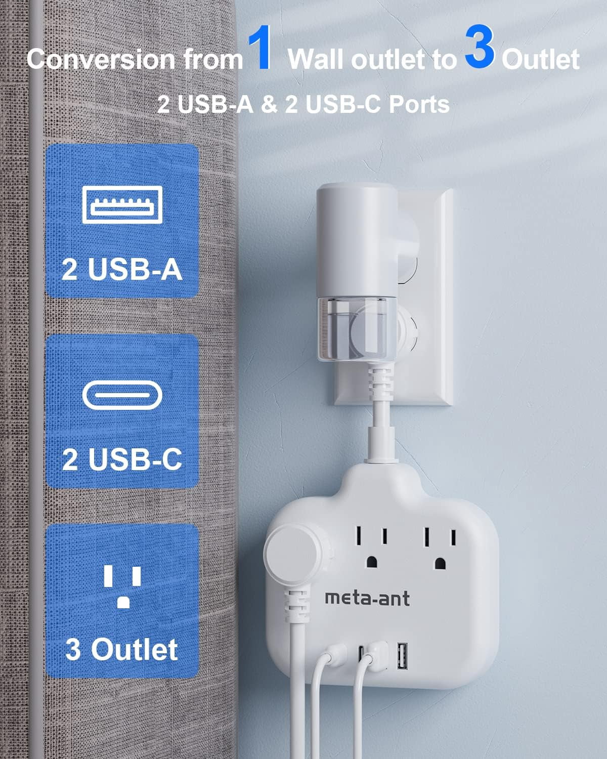 JUNCHI-Multi Plug Outlet Splitter, 0.2ft Ultra-Short Cord Power Strip ...
