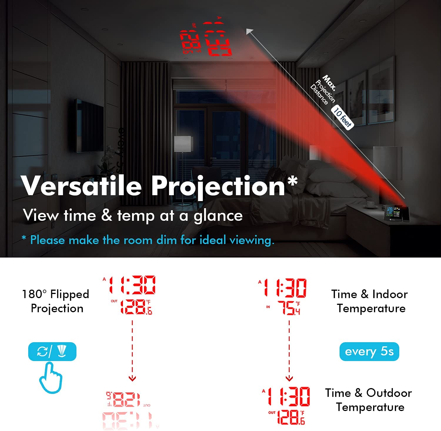 Clock Projector JUNCHI-Projection Alarm Clock, Digital Clock Projector on Ceiling with ...