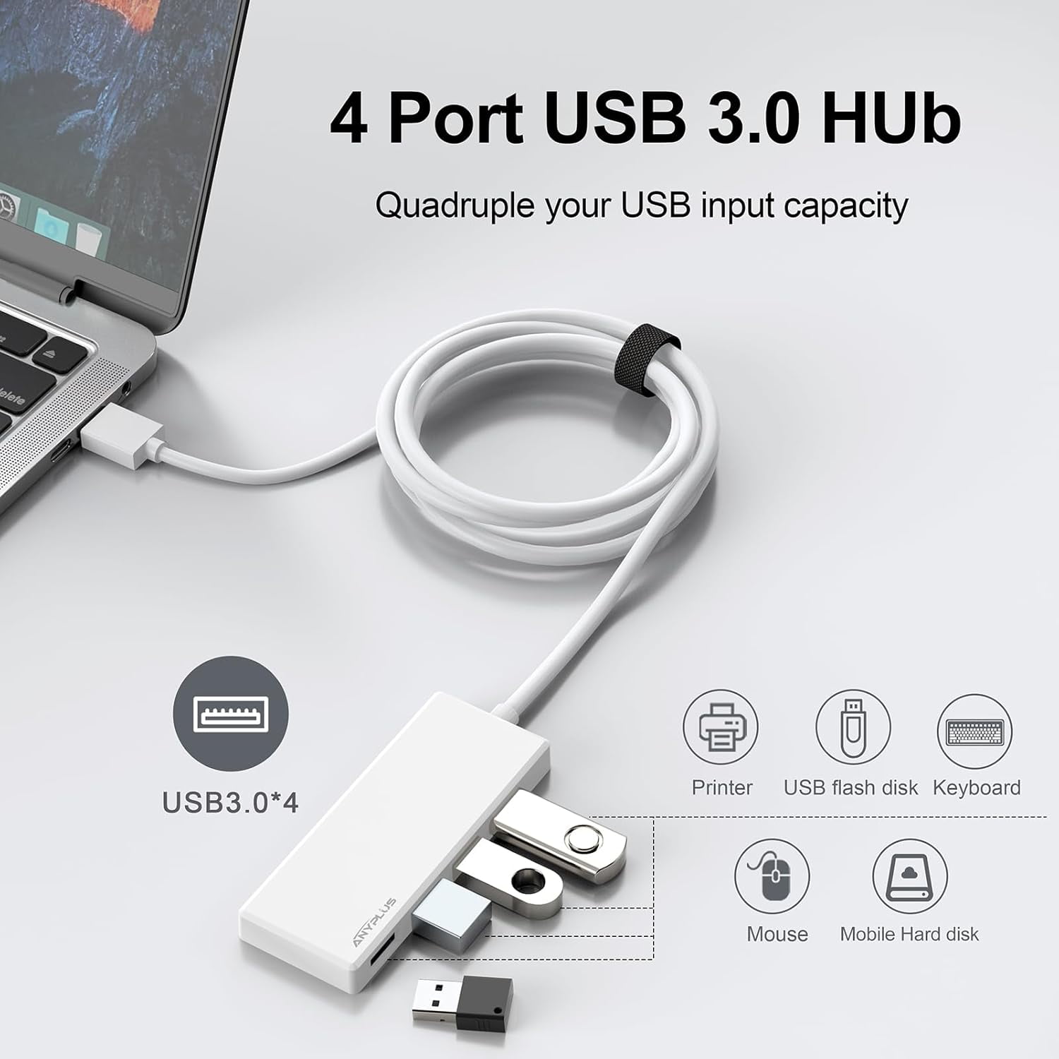 JUNCHI-USB Hub, Multiport USB Splitter Adapter, 2 ft Long Cable USB 3.0 ...