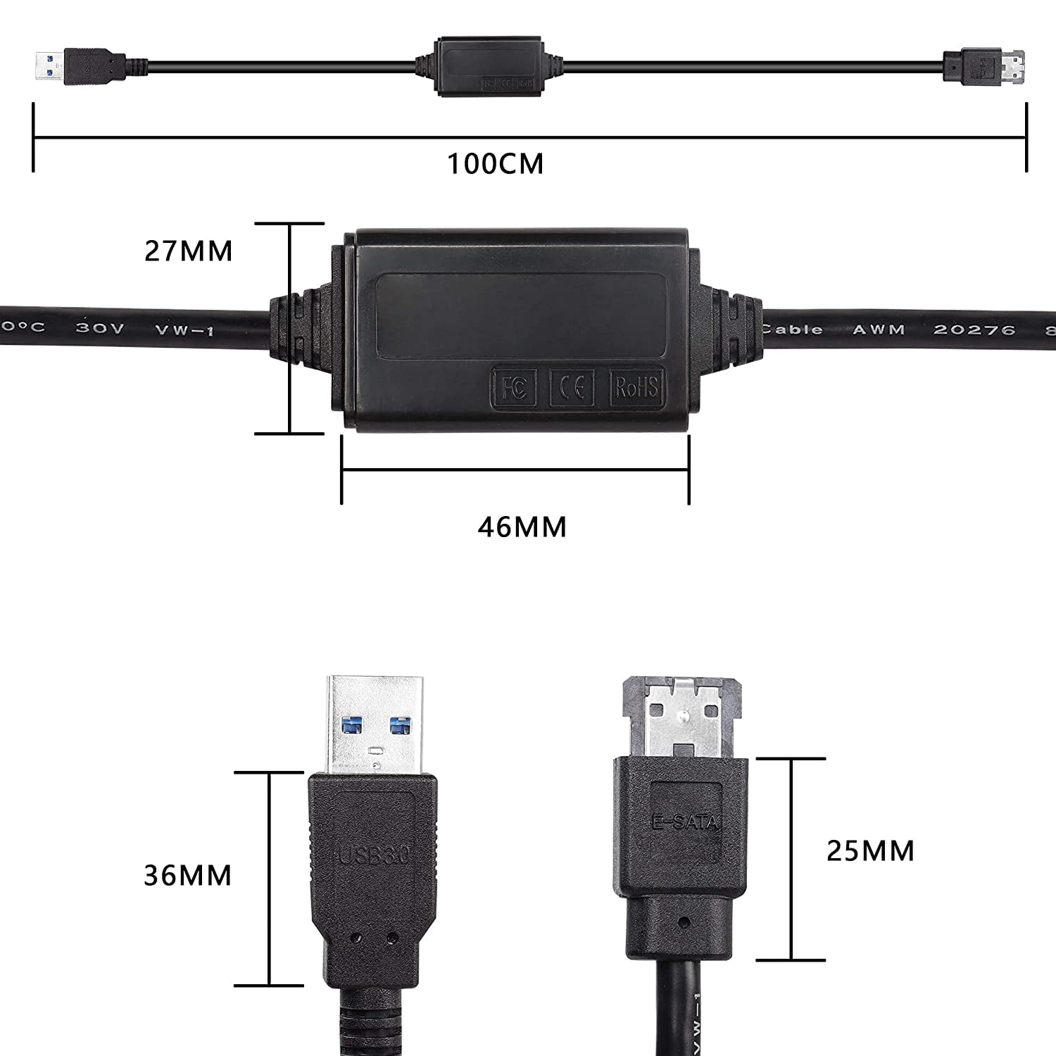 JUNCHI-USB to eSATA Adapter Cable 5Gbps USB 3.0 to Power eSATA ...
