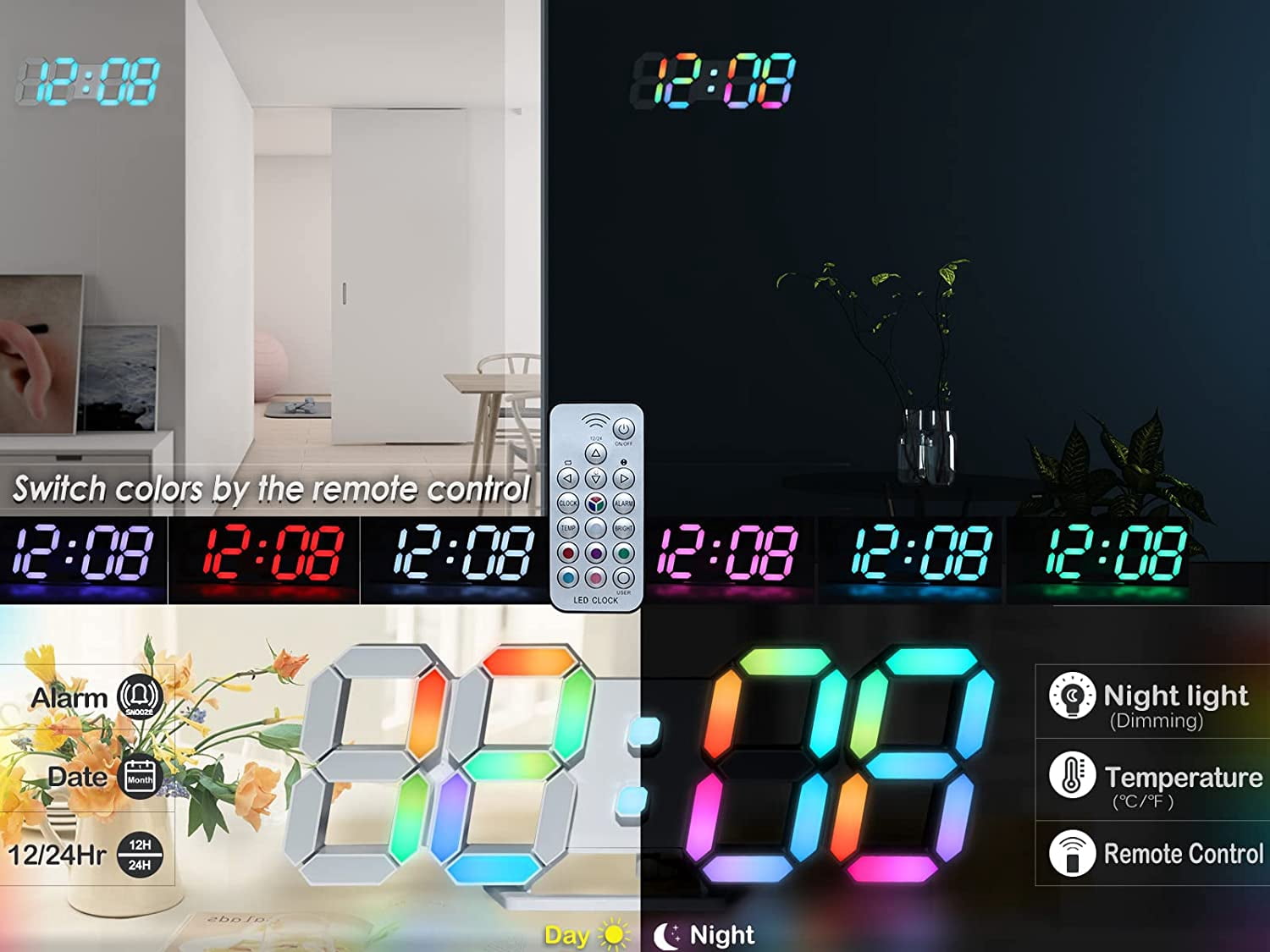 JUNCHI-Wall Clock Neon Digital Clock 3D LED Desk Clock Large Display 9. ...