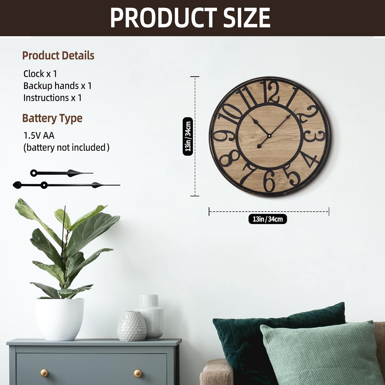 JUNCHI-Wall Clock Silent Bronze Rustic Farmhouse Metal & Wood with ...