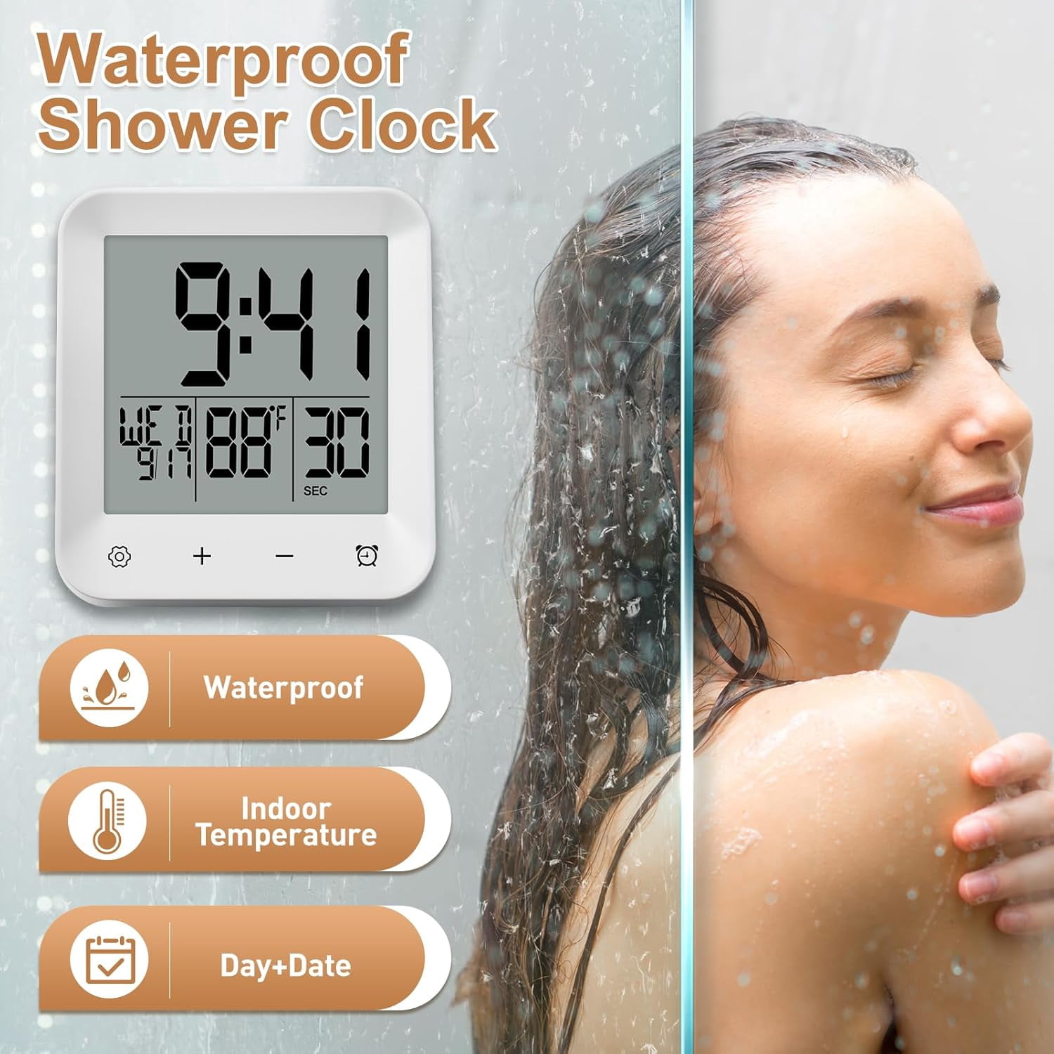 JUNCHI-Waterproof Shower Clock with Timer, Bathroom Wall Clock ...