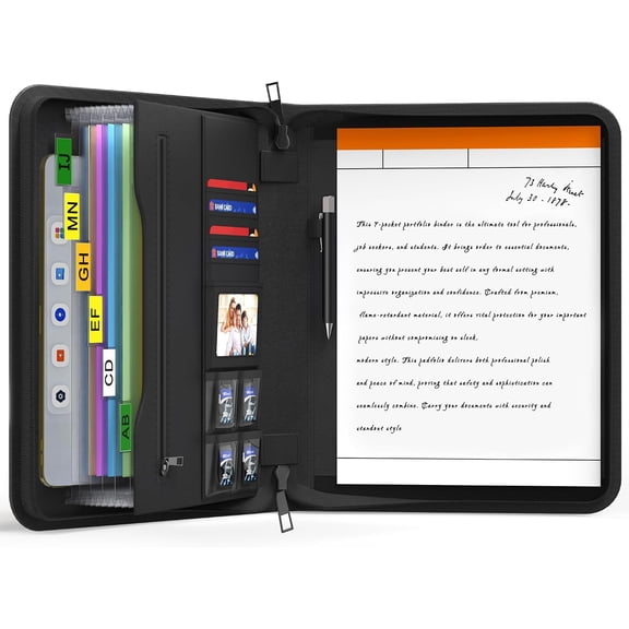 JUNDUN 2500 Portfolio Binder with 7 Pockets File Folder,Upgraded Material Fireproof Business Portfolio with Zipper,Professional Portfolio Organizer for 10.1 inch Tablet,Letter Size Documents,Cards