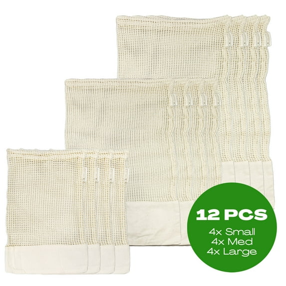 JUNELILY Reusable Grocery Bags Eco-Friendly for Shopping Farmers Market - Organic Cotton Mesh Bag for Fruits Vegetables Toys - 12 PCS (4 each of S, M, L size)