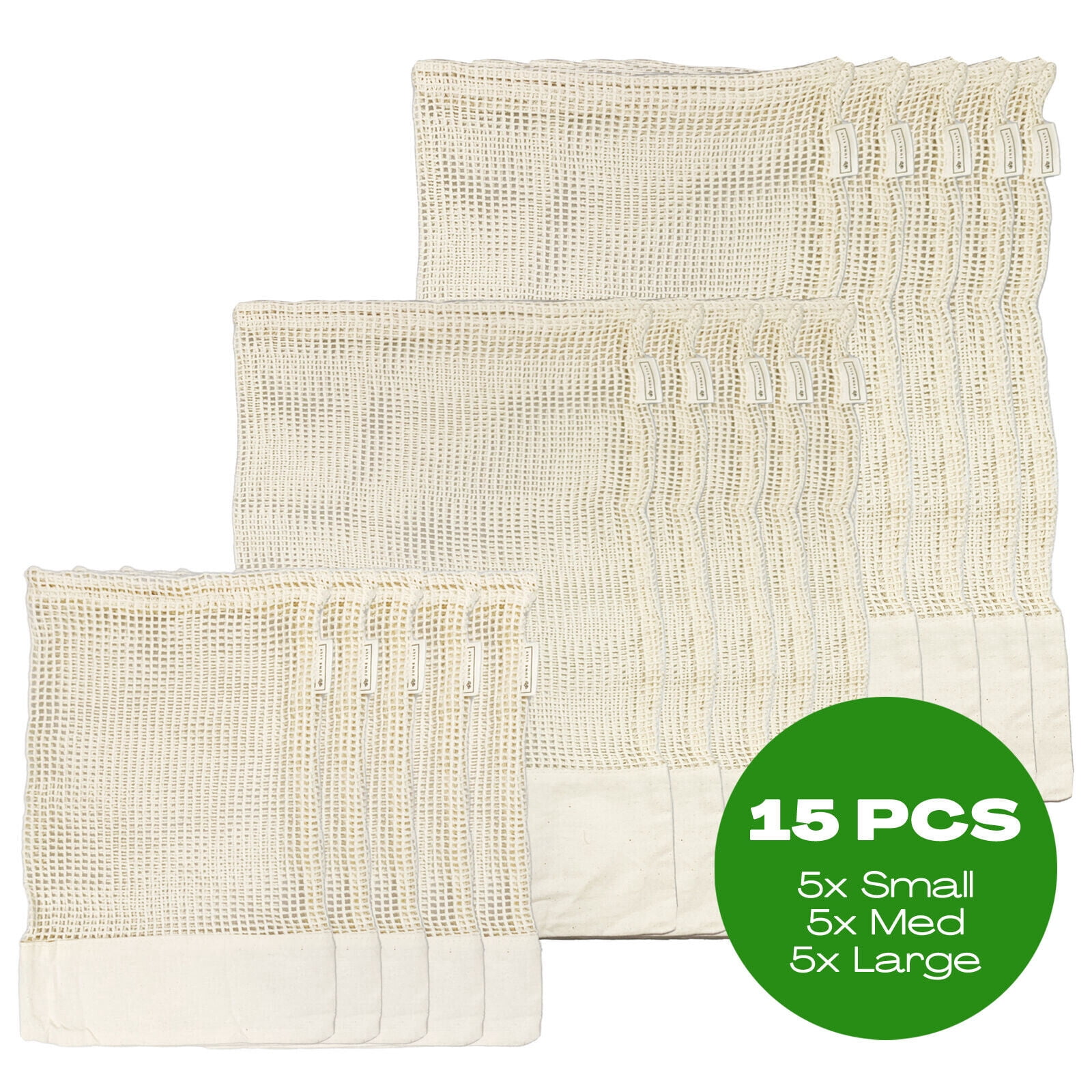 JUNELILY Reusable Grocery Bags Eco-Friendly for Shopping Farmers Market - Organic Cotton Mesh Bag for Fruits Vegetables Toys - 15 PCS (5 each of S, M, L size)