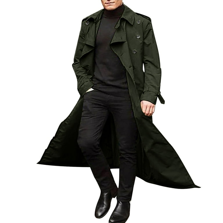 JUNEYUNG Mens Hooded Black Trench Coat Autumn Winter Long Trench 