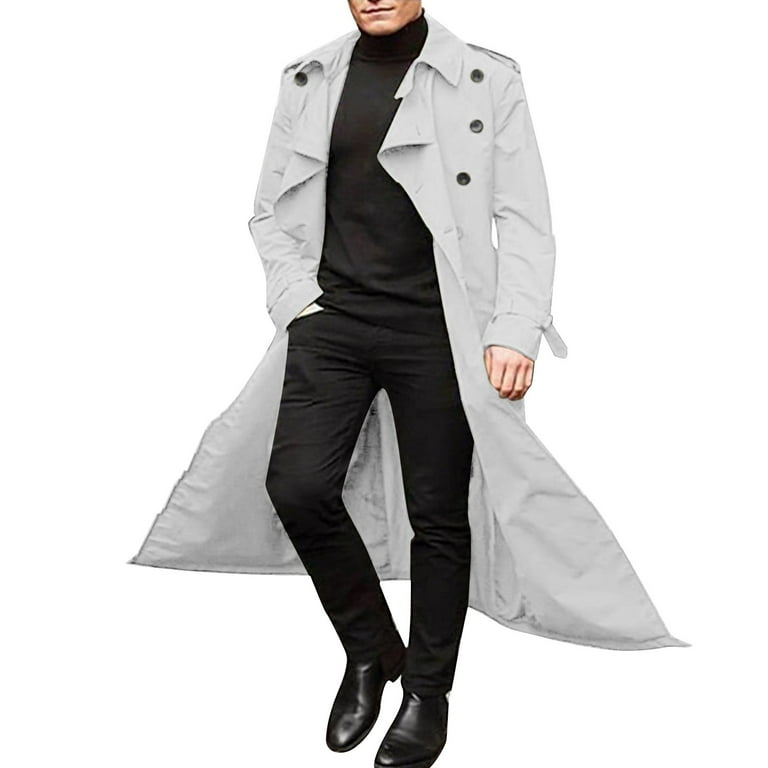 JUNEYUNG Mens Hooded Trench Coat Autumn Winter Long Trench Double 