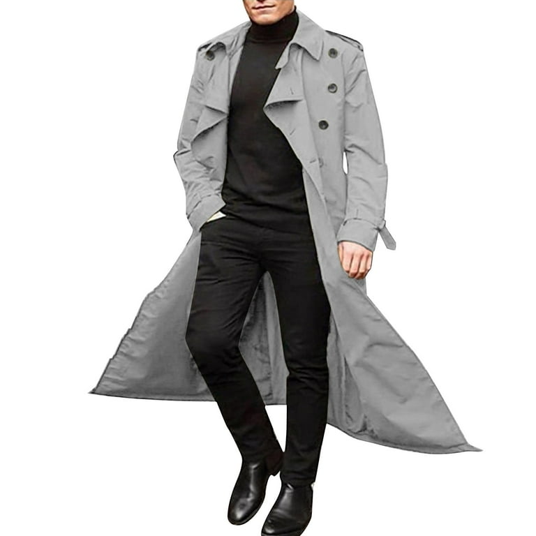 JUNEYUNG Mens Winter Trench Coat Raincoat Autumn Winter Long Trench Double Breasted Belt Loose Mens Rainproof Trench Coat Gifts for Men Sale Clearance