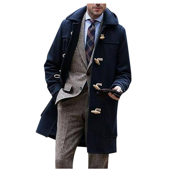 JUNEYUNG Mens Wool Trench Coat With Zip Out Liner Winter Mid-Length Woolen Hooded Solid Color Long Sleeved Turn-down Collar Button Warm Casual Fashion Mens Rain Jacket Gifts for Men Sale Clearance