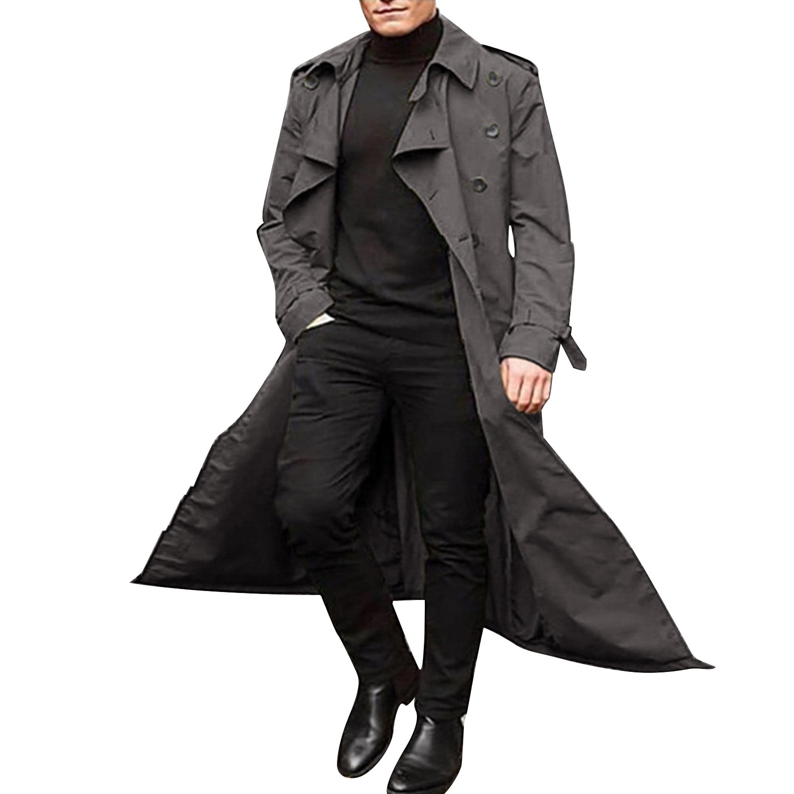 JUNEYUNG Old School Mens Trench Coat Autumn Winter Long Trench Double Breasted Belt Loose Black Trench Coat Men Raincoat Gifts for Men Sale Clearance