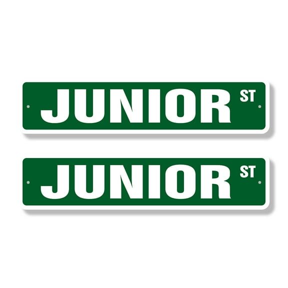 JUNIOR Classic Street Sign (2 Pack) Childrens Name Room Sign Road Sign | 4" X 18" Plastic Address Sign